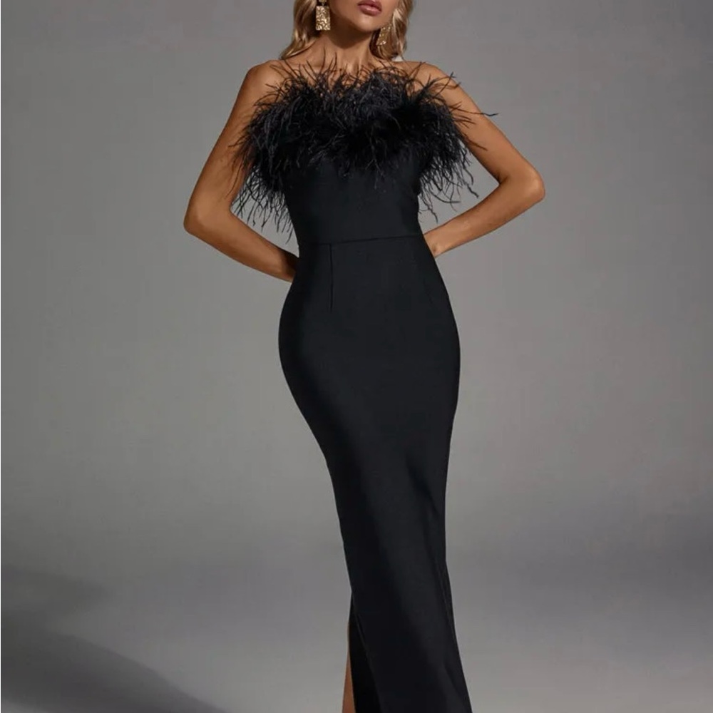 Elegant Black Feathered Evening Gown